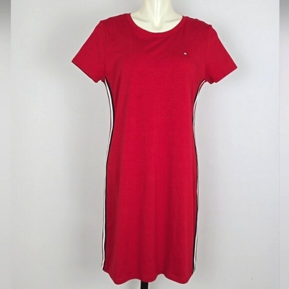 Tommy Hilfiger Women's Red Short Sleeve Casual Dress Side Stripes Crew Neck Sz M - Picture 1 of 11